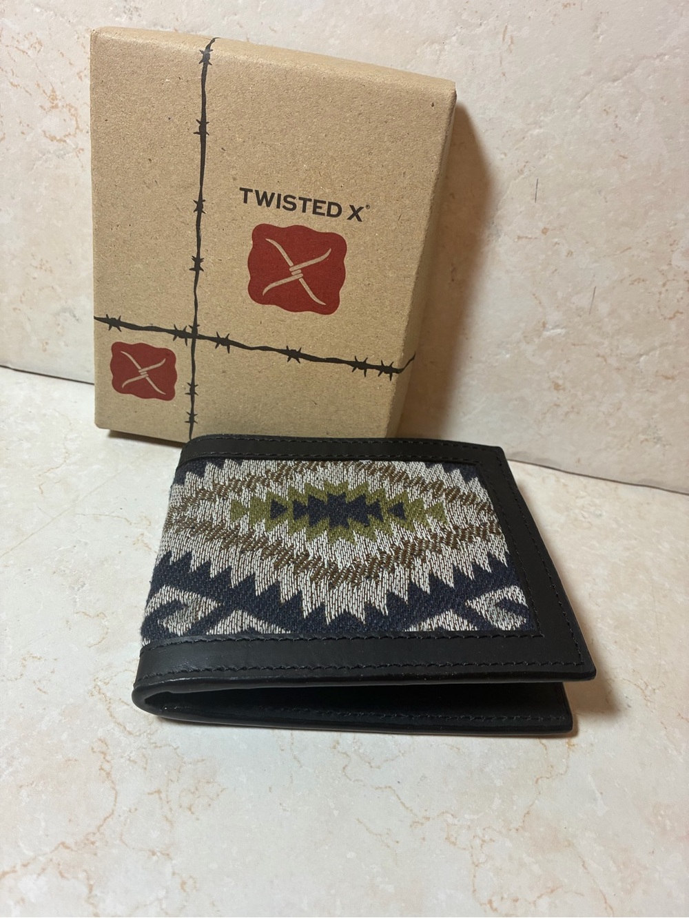 Twisted X Black Leather Bifold Wallet with Aztec Pattern Fabric Inlay